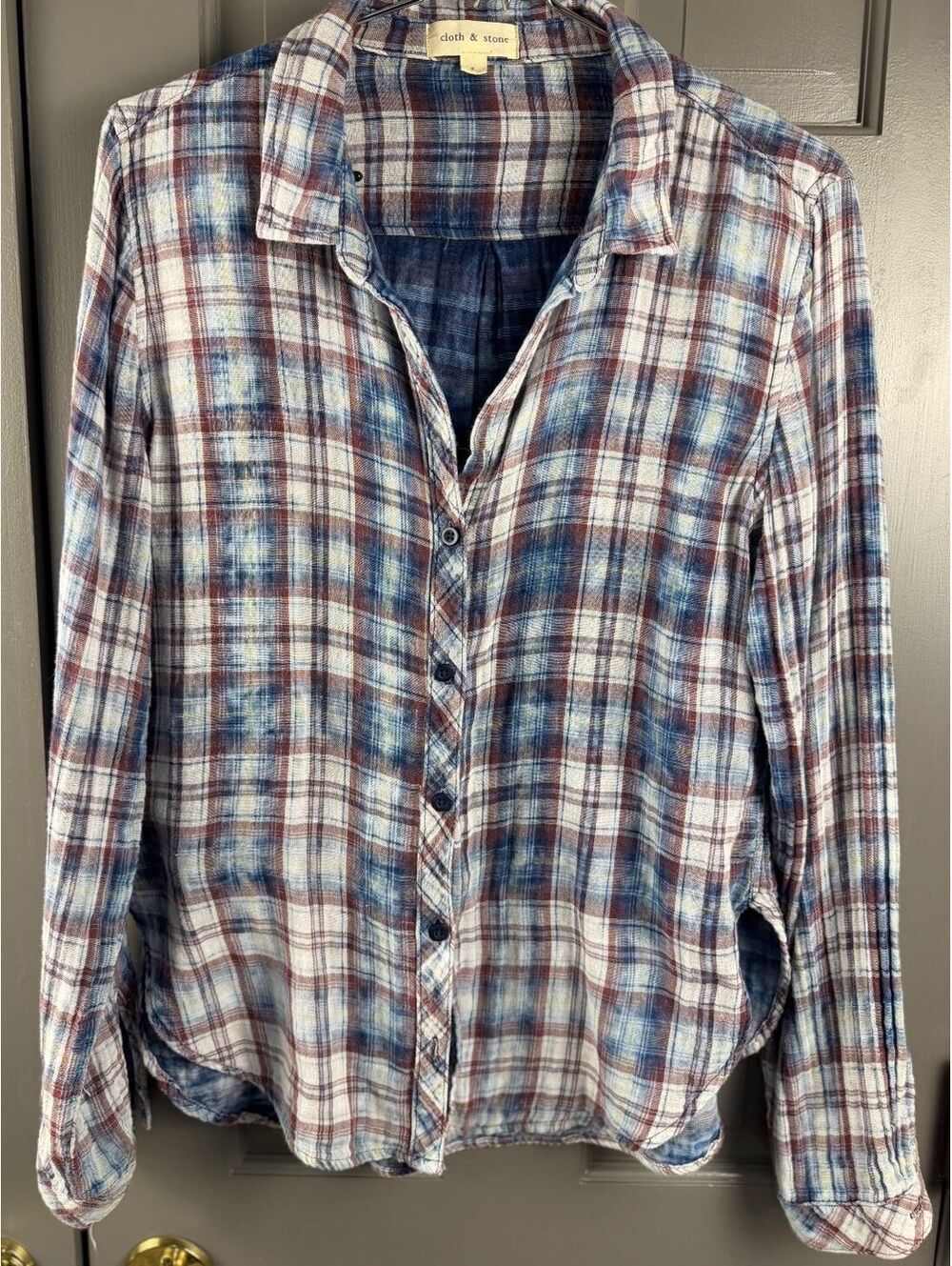Cloth & Stone (Anthro) Women's Acid Wash Plaid Button Down Long Slv. Shirt Sz L